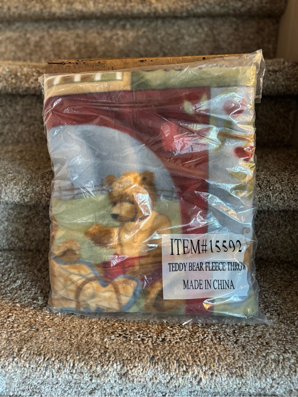 Teddy Bear Fleece Throw in Burgundy, Tan & Cream